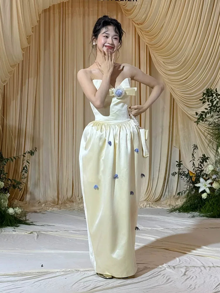 Vibrant Strapless Prom Dress Yellow Sheath Formal Outfit Bow Appliques Evening Dress AP6847