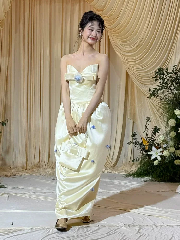 Vibrant Strapless Prom Dress Yellow Sheath Formal Outfit Bow Appliques Evening Dress AP6847