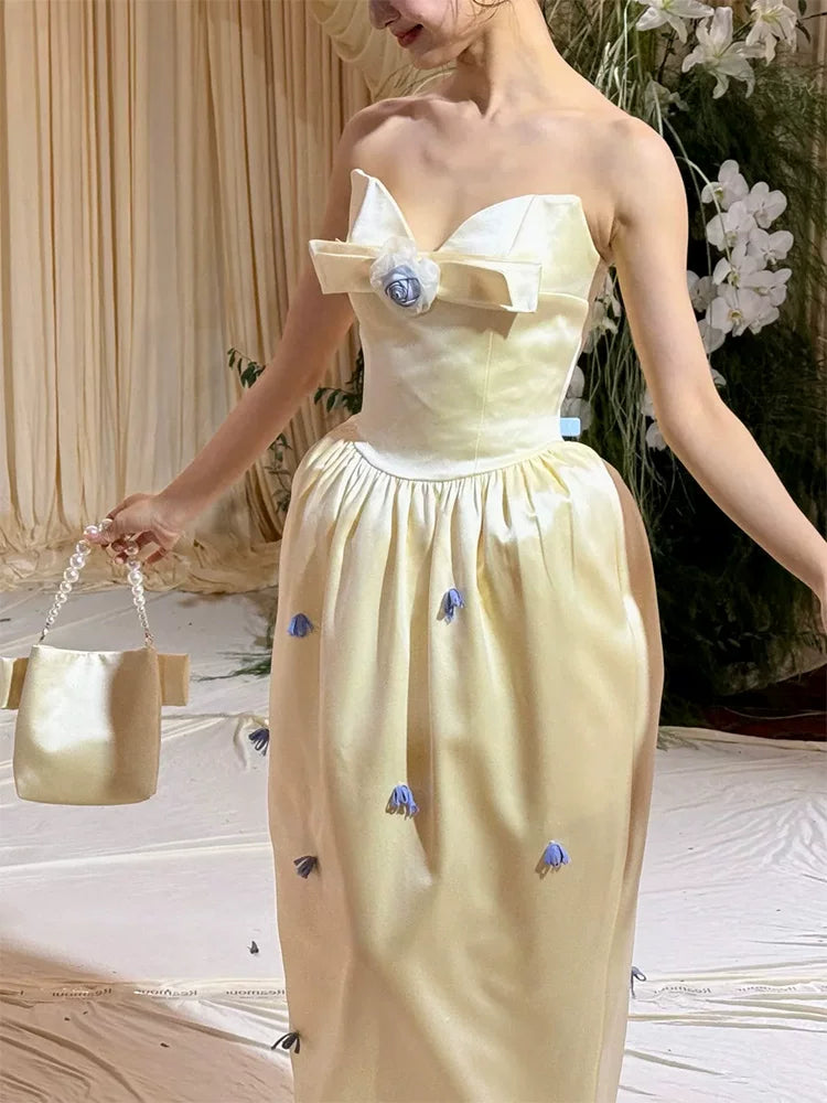 Vibrant Strapless Prom Dress Yellow Sheath Formal Outfit Bow Appliques Evening Dress AP6847