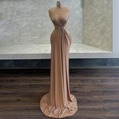 Novelty High Collar Nude Prom Dress Sheath Formal Outfit Sequins Crystals Evening Dress AP6848