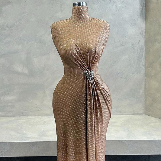 Novelty High Collar Nude Prom Dress Sheath Formal Outfit Sequins Crystals Evening Dress AP6848