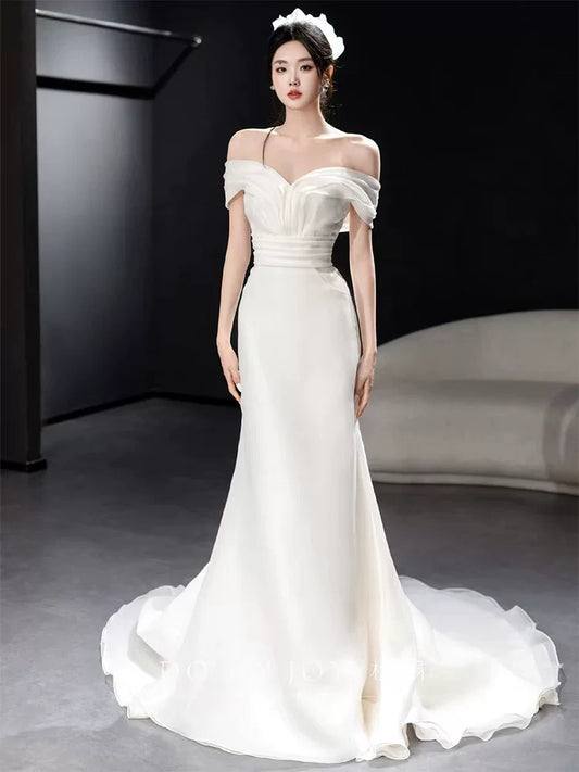 Fashionable Off-Shoulder Wedding Dress Pleated Satin Mermaid Bridal Dress AP6849