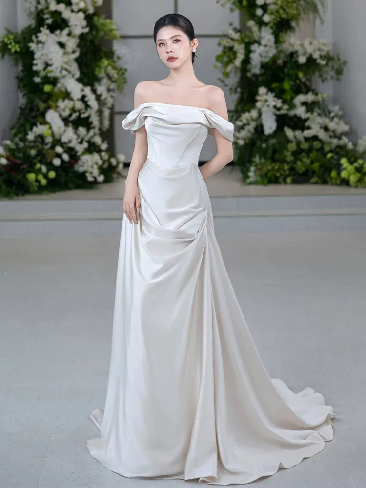 French Style Off-Shoulder Wedding Dress Satin A-Line Bridal Dress AP6850