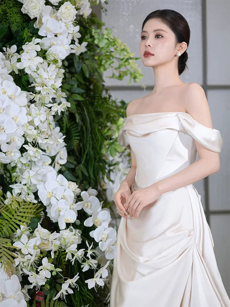 French Style Off-Shoulder Wedding Dress Satin A-Line Bridal Dress AP6850