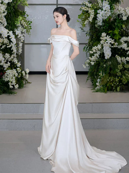 French Style Off-Shoulder Wedding Dress Satin A-Line Bridal Dress AP6850