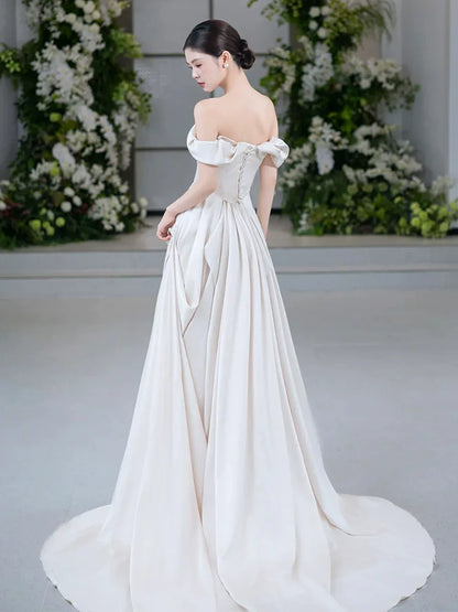 French Style Off-Shoulder Wedding Dress Satin A-Line Bridal Dress AP6850