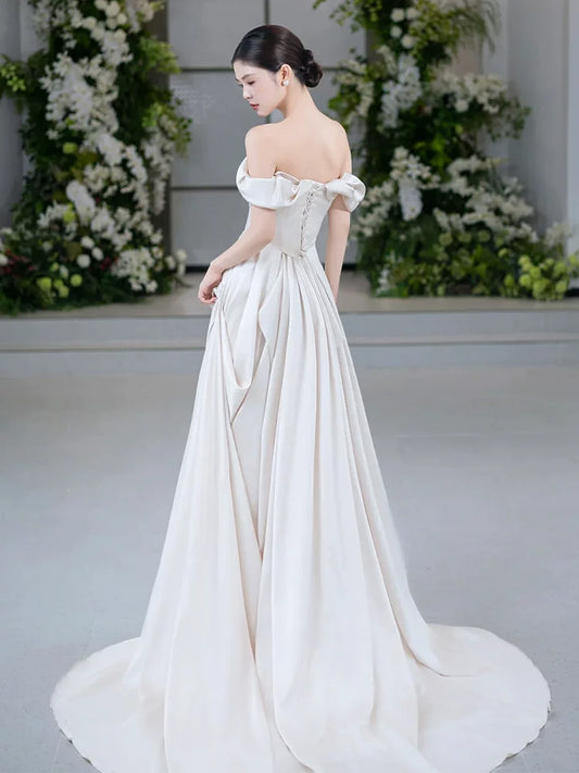 French Style Off-Shoulder Wedding Dress Satin A-Line Bridal Dress AP6850