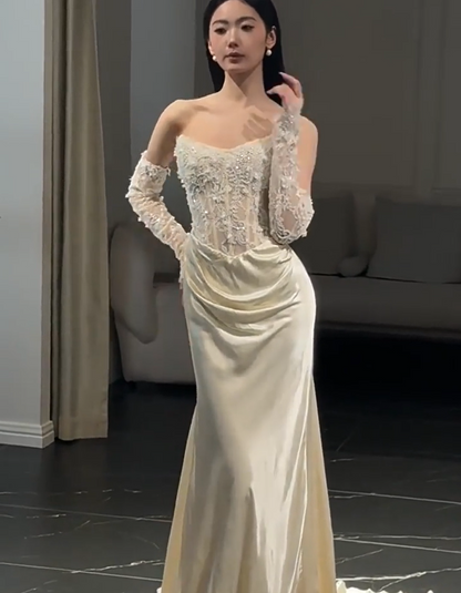 Minimalist Strapless Ivory Wedding Dress Lace Sequins Bodice Satin Mermaid Bridal Outfit AP6851