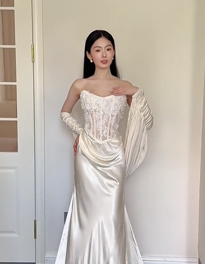Minimalist Strapless Ivory Wedding Dress Lace Sequins Bodice Satin Mermaid Bridal Outfit AP6851