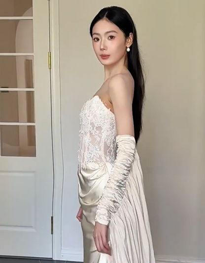 Minimalist Strapless Ivory Wedding Dress Lace Sequins Bodice Satin Mermaid Bridal Outfit AP6851