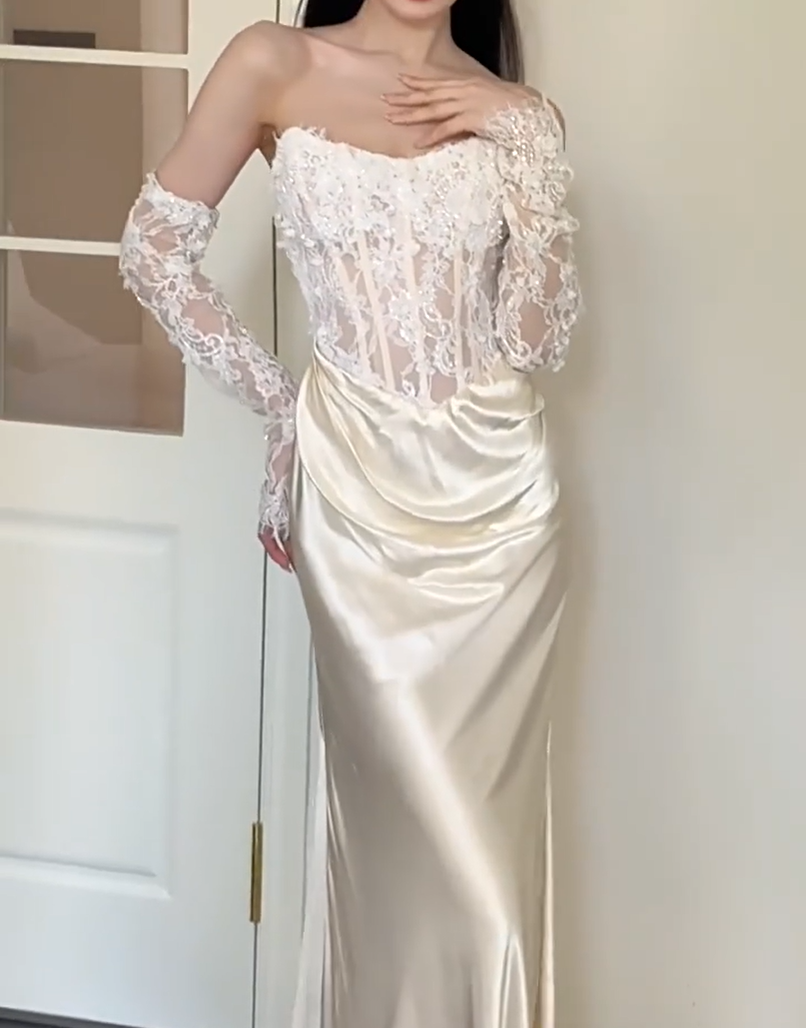 Minimalist Strapless Ivory Wedding Dress Lace Sequins Bodice Satin Mermaid Bridal Outfit AP6851