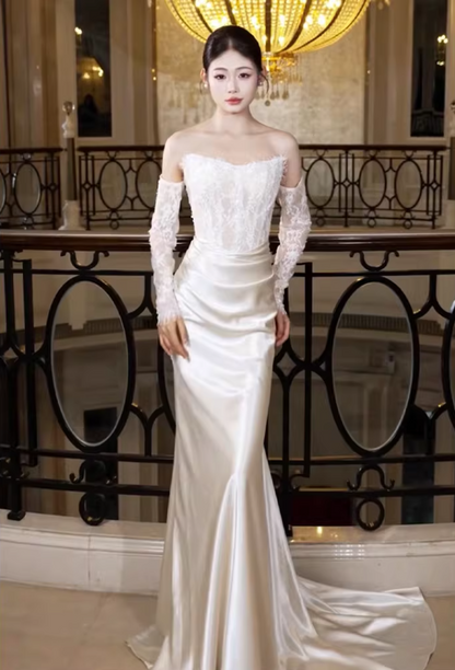 Minimalist Strapless Ivory Wedding Dress Lace Sequins Bodice Satin Mermaid Bridal Outfit AP6851