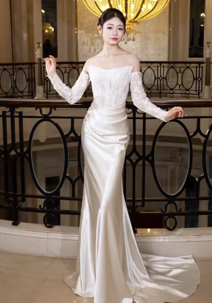 Minimalist Strapless Ivory Wedding Dress Lace Sequins Bodice Satin Mermaid Bridal Outfit AP6851