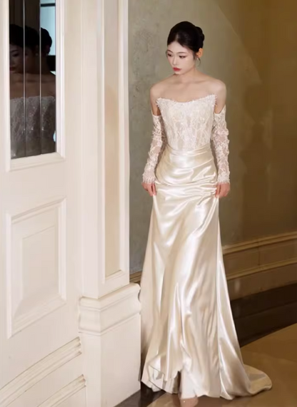 Minimalist Strapless Ivory Wedding Dress Lace Sequins Bodice Satin Mermaid Bridal Outfit AP6851