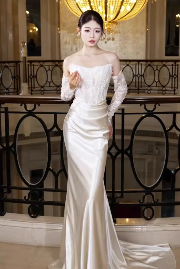Minimalist Strapless Ivory Wedding Dress Lace Sequins Bodice Satin Mermaid Bridal Outfit AP6851