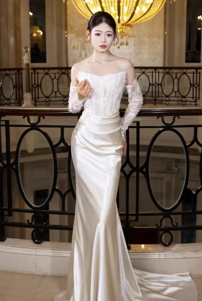 Minimalist Strapless Ivory Wedding Dress Lace Sequins Bodice Satin Mermaid Bridal Outfit AP6851