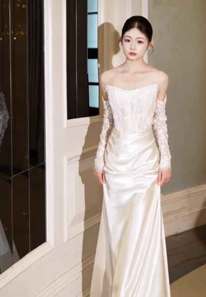 Minimalist Strapless Ivory Wedding Dress Lace Sequins Bodice Satin Mermaid Bridal Outfit AP6851