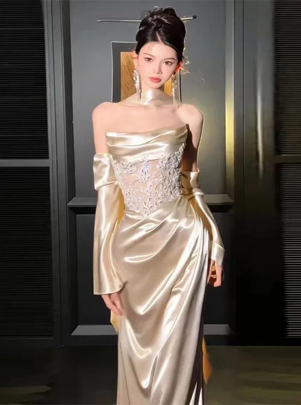 Simple Strapless Gold Prom Dress Satin Sequins Mermaid Formal Outfit AP6852