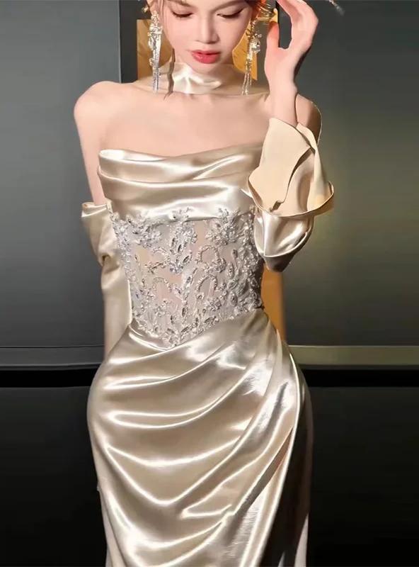 Simple Strapless Gold Prom Dress Satin Sequins Mermaid Formal Outfit AP6852