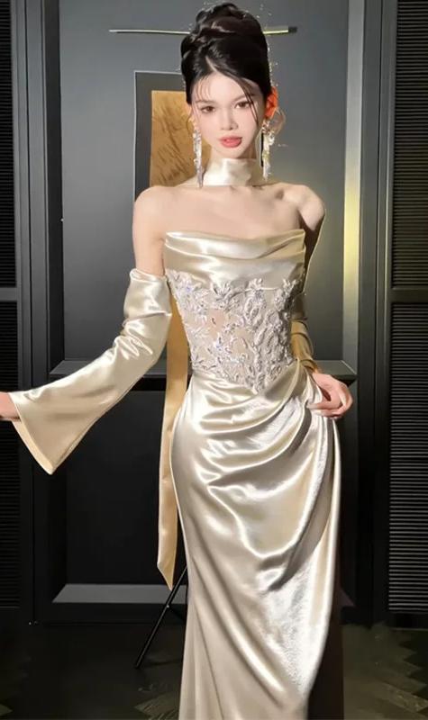 Simple Strapless Gold Prom Dress Satin Sequins Mermaid Formal Outfit AP6852