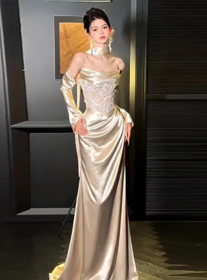 Simple Strapless Gold Prom Dress Satin Sequins Mermaid Formal Outfit AP6852