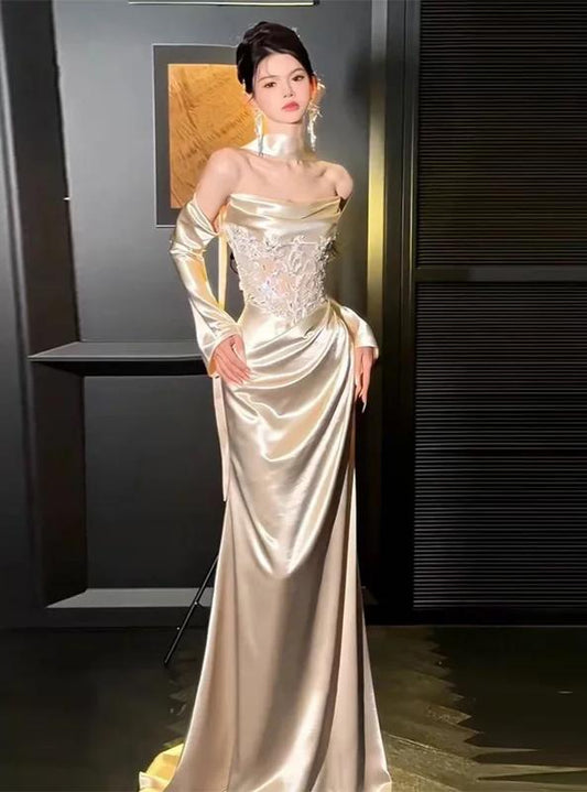 Simple Strapless Gold Prom Dress Satin Sequins Mermaid Formal Outfit AP6852