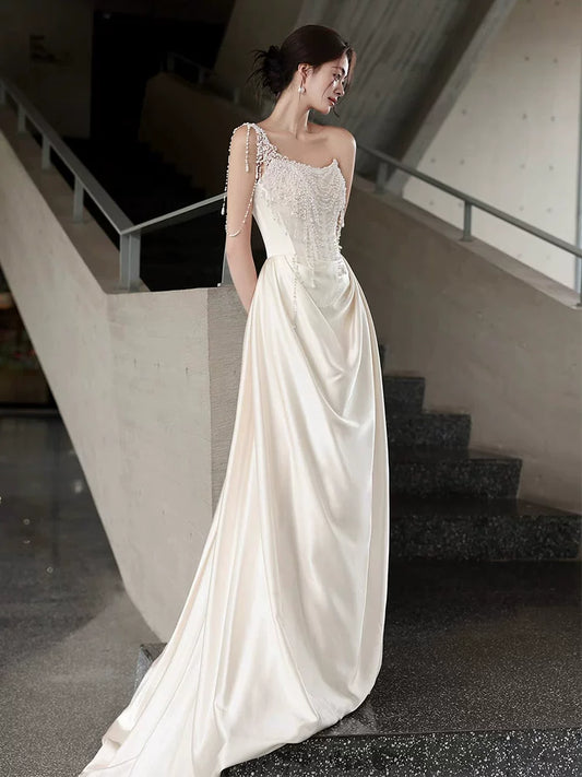 Charming One Shoulder Wedding Dress Sheath Beading Bridal Dress AP6853