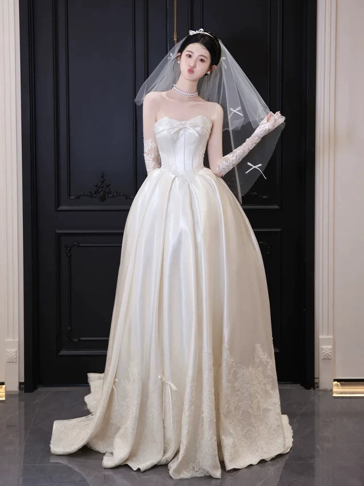 Flowy Strapless Satin Wedding Dress Bows Lace A-Line Bridal Gowns AP6854