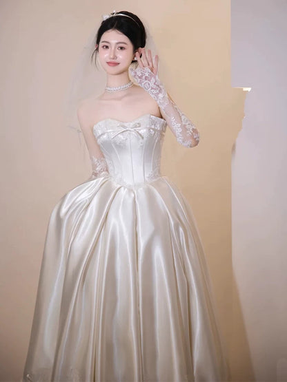 Flowy Strapless Satin Wedding Dress Bows Lace A-Line Bridal Gowns AP6854