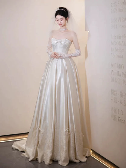 Flowy Strapless Satin Wedding Dress Bows Lace A-Line Bridal Gowns AP6854