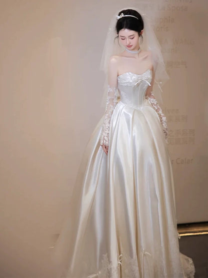 Flowy Strapless Satin Wedding Dress Bows Lace A-Line Bridal Gowns AP6854