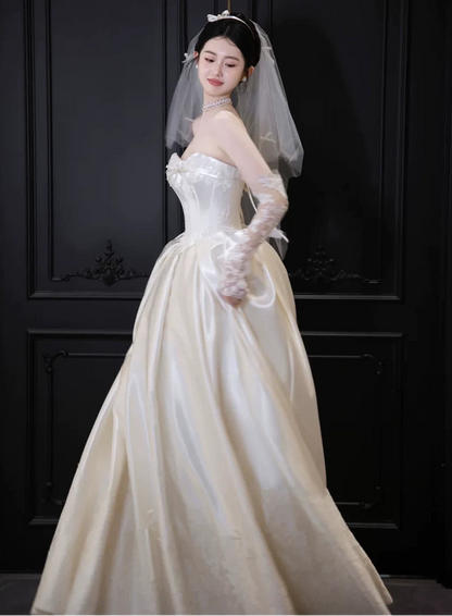 Flowy Strapless Satin Wedding Dress Bows Lace A-Line Bridal Gowns AP6854