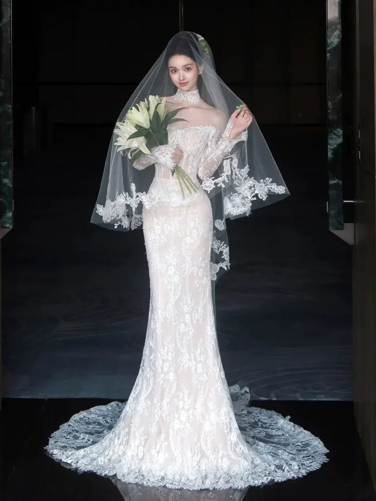 Sparkly Off-Shoulder Mermaid Wedding Dress Lace Long Sleeve Sequins Bridal Outfit AP6855