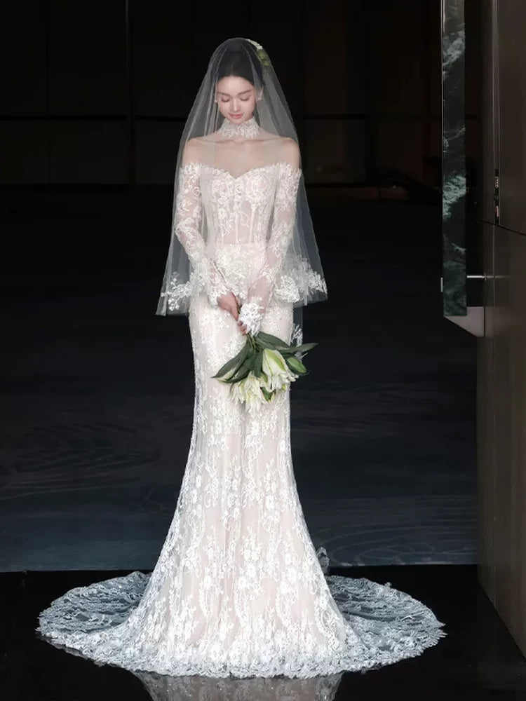 Sparkly Off-Shoulder Mermaid Wedding Dress Lace Long Sleeve Sequins Bridal Outfit AP6855