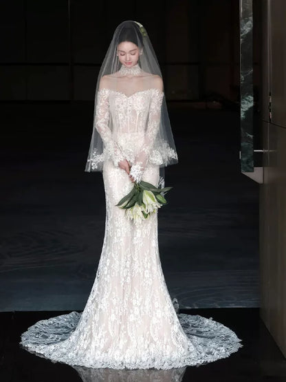 Sparkly Off-Shoulder Mermaid Wedding Dress Lace Long Sleeve Sequins Bridal Outfit AP6855
