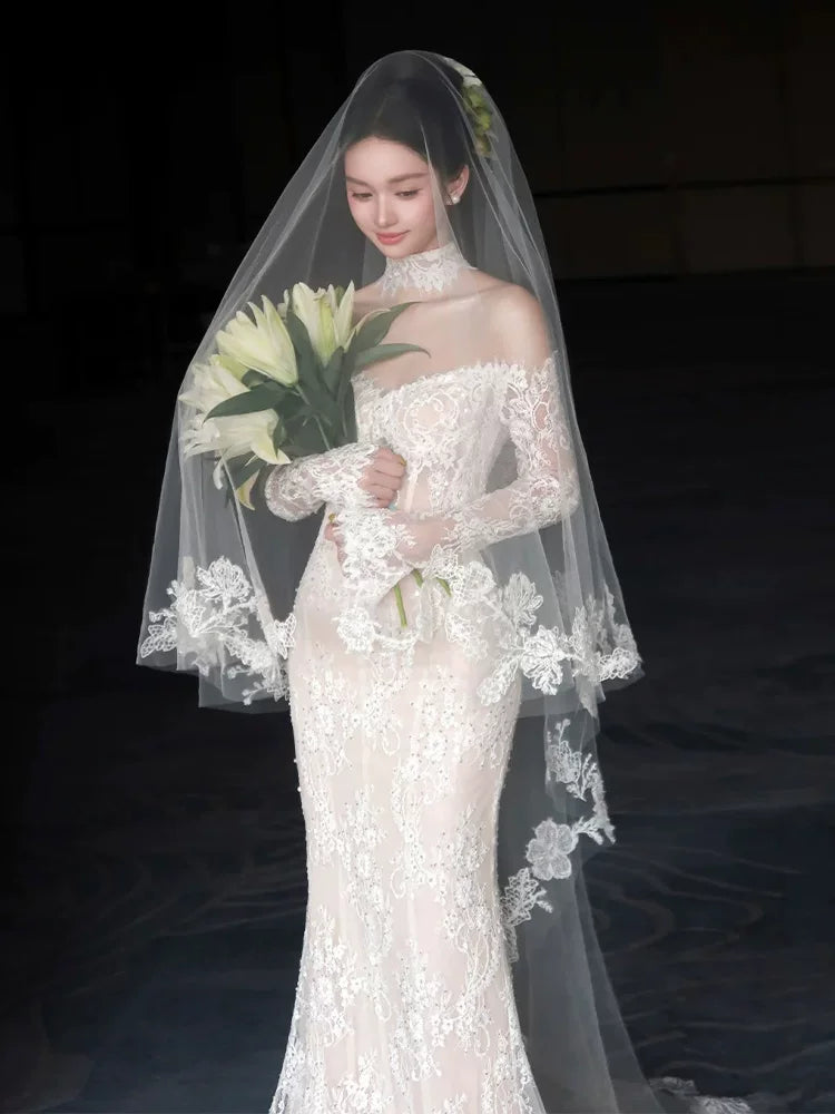 Sparkly Off-Shoulder Mermaid Wedding Dress Lace Long Sleeve Sequins Bridal Outfit AP6855
