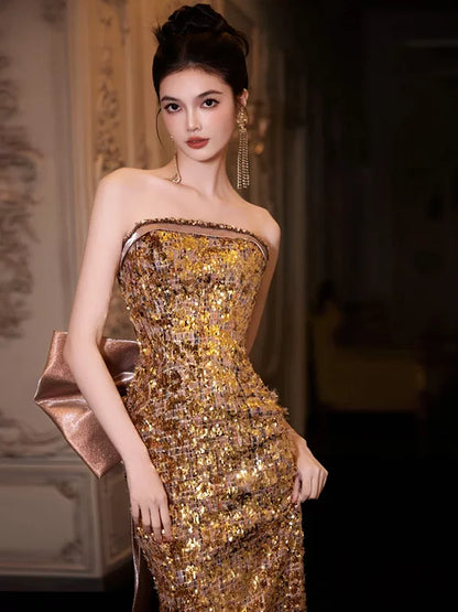 Bling Strapless Gold Prom Dress Bow Sheath Slit Formal Dress AP6856