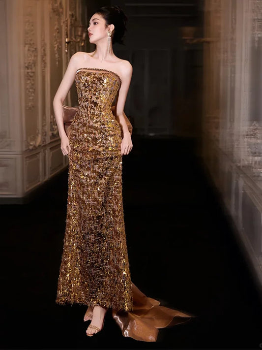 Bling Strapless Gold Prom Dress Bow Sheath Slit Formal Dress AP6856