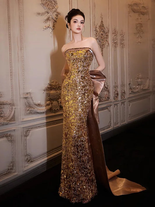 Bling Strapless Gold Prom Dress Bow Sheath Slit Formal Dress AP6856