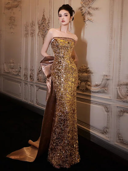 Bling Strapless Gold Prom Dress Bow Sheath Slit Formal Dress AP6856
