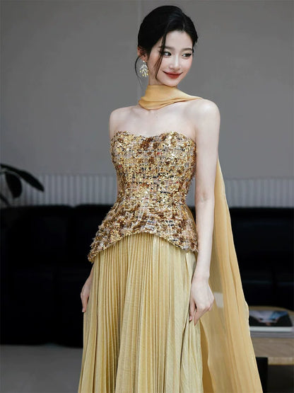 Playful Strapless Prom Dresses Gold Sequins Evening Outfit Pleated A-Line Formal Dress AP6857
