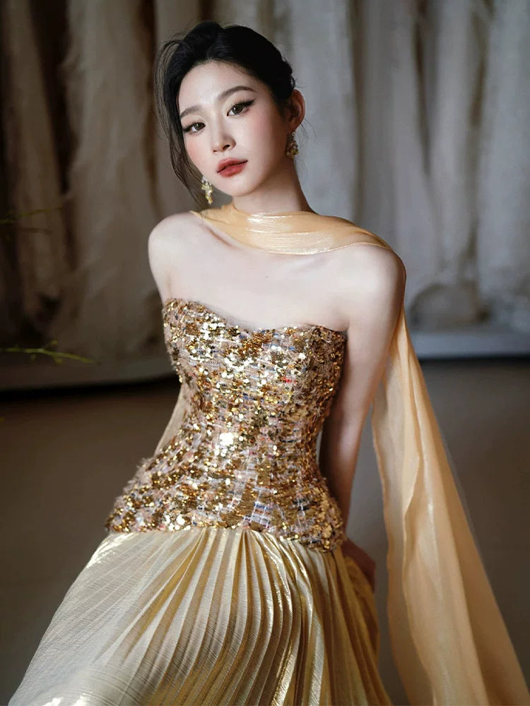 Playful Strapless Prom Dresses Gold Sequins Evening Outfit Pleated A-Line Formal Dress AP6857