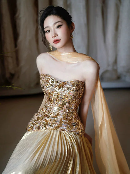 Playful Strapless Prom Dresses Gold Sequins Evening Outfit Pleated A-Line Formal Dress AP6857