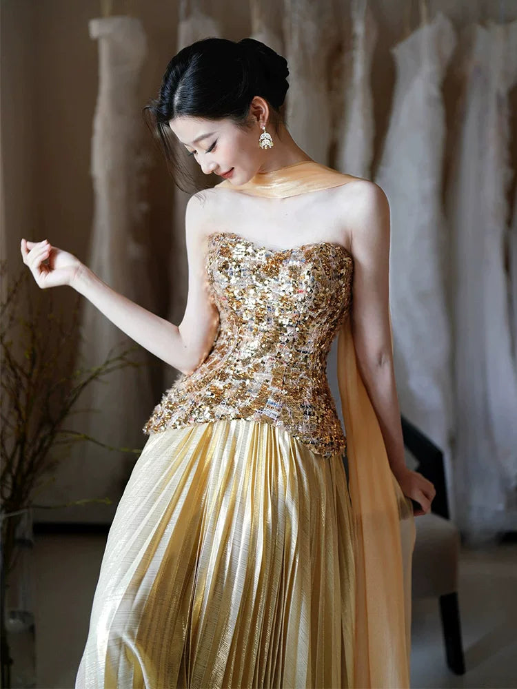 Playful Strapless Prom Dresses Gold Sequins Evening Outfit Pleated A-Line Formal Dress AP6857