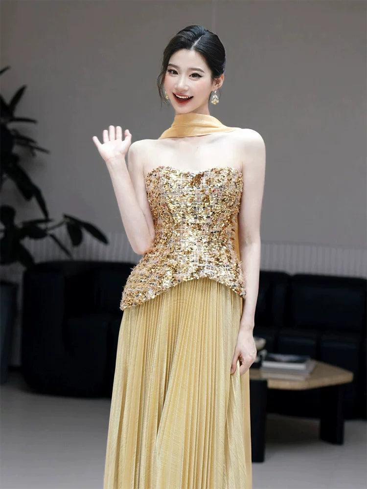 Playful Strapless Prom Dresses Gold Sequins Evening Outfit Pleated A-Line Formal Dress AP6857