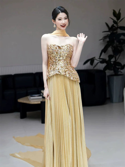 Playful Strapless Prom Dresses Gold Sequins Evening Outfit Pleated A-Line Formal Dress AP6857