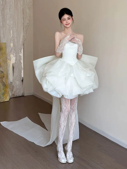 Adorable A-line White Homecoming Dress Ideas Strapless Ruffled Hoco Dress With Bow Train AP6858