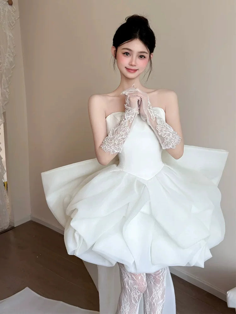 Adorable A-line White Homecoming Dress Ideas Strapless Ruffled Hoco Dress With Bow Train AP6858