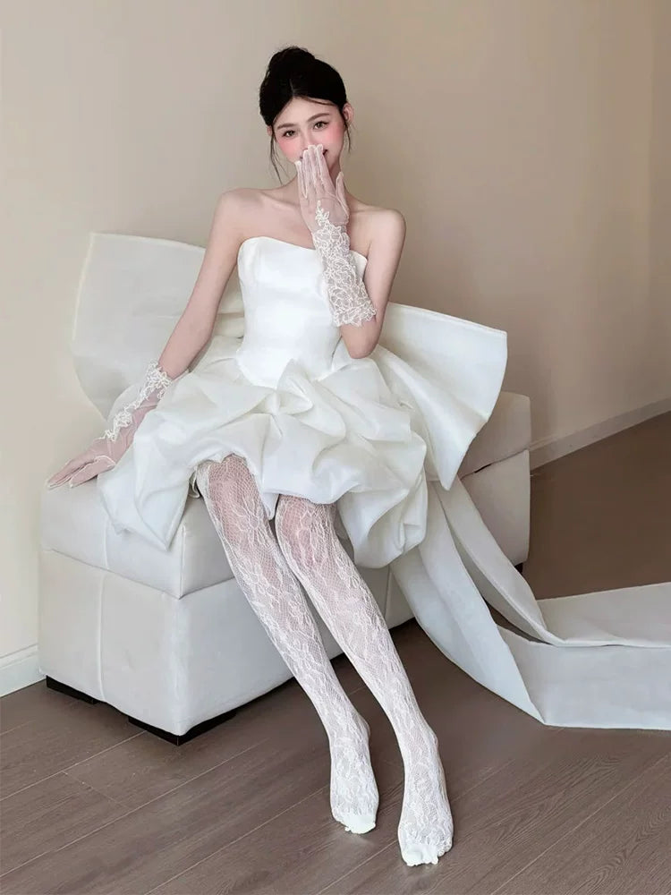 Adorable A-line White Homecoming Dress Ideas Strapless Ruffled Hoco Dress With Bow Train AP6858