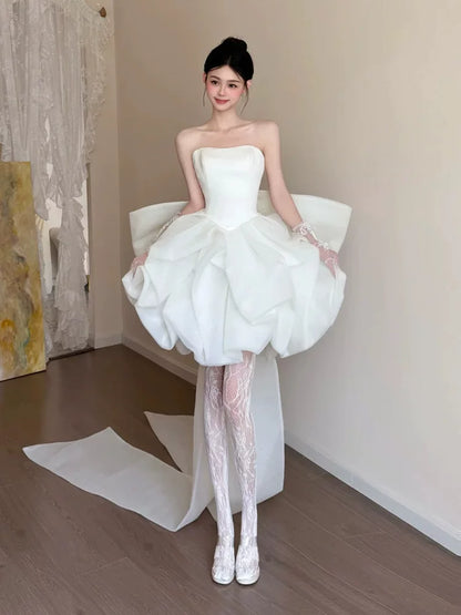Adorable A-line White Homecoming Dress Ideas Strapless Ruffled Hoco Dress With Bow Train AP6858